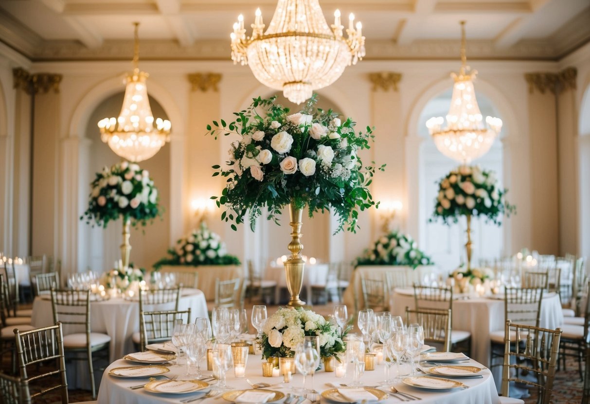 A grand ballroom with elegant chandeliers, gold-accented decor, and lush floral arrangements