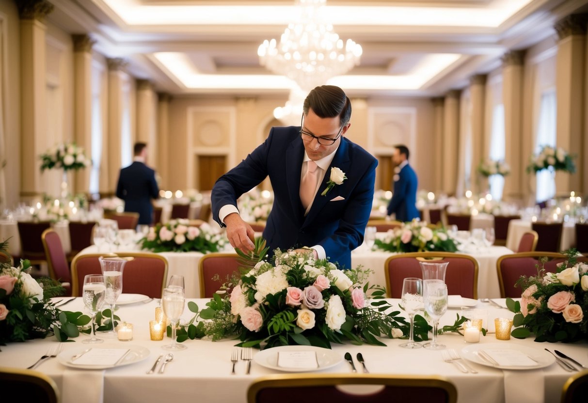 A wedding planner arranges flowers, seating, and decorations in a grand ballroom