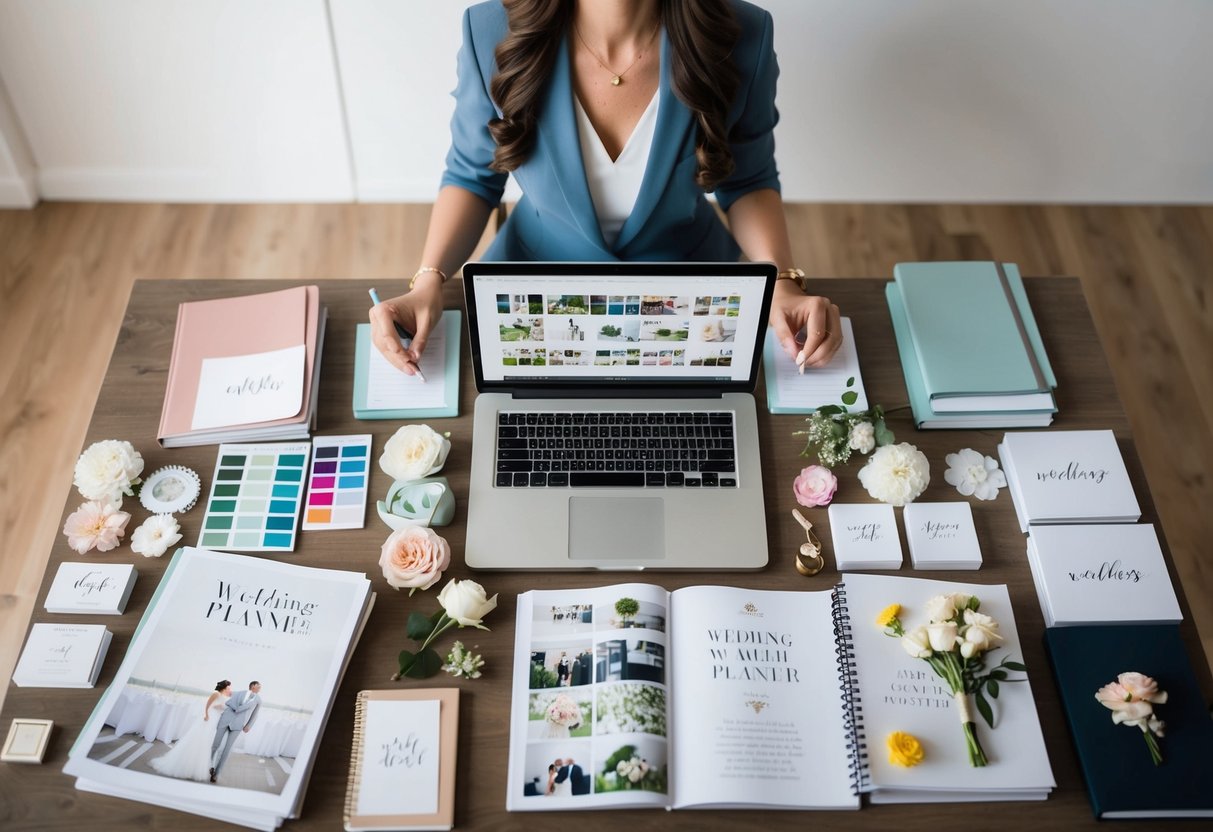 A wedding planner sits at a desk covered in wedding magazines, notebooks, and a laptop, surrounded by color swatches and floral samples