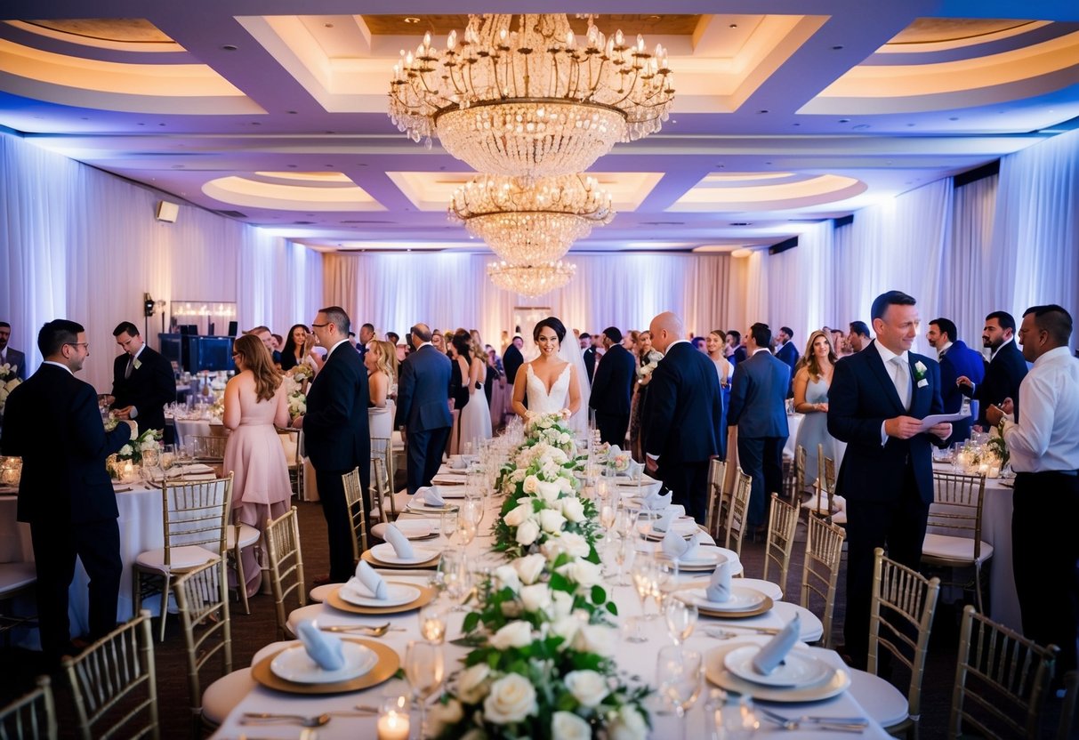 A bustling wedding reception with vendors setting up, guests arriving, and a coordinator overseeing the details