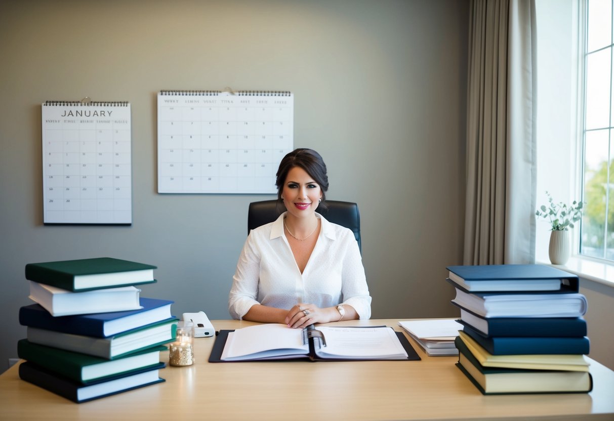 A wedding planner sits at a desk, surrounded by books and folders. A calendar on the wall shows the date of the big day
