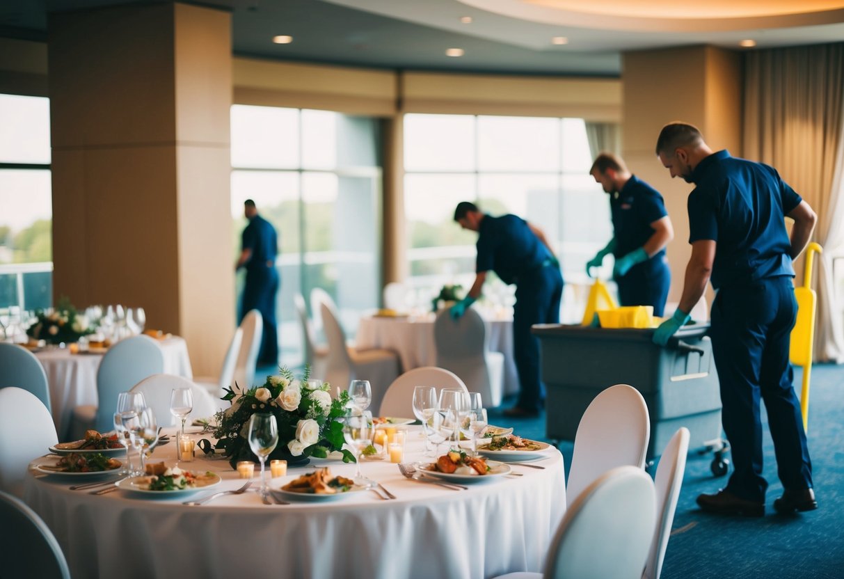 A table with scattered wedding decorations and leftover food, while a cleaning crew tidies up the venue