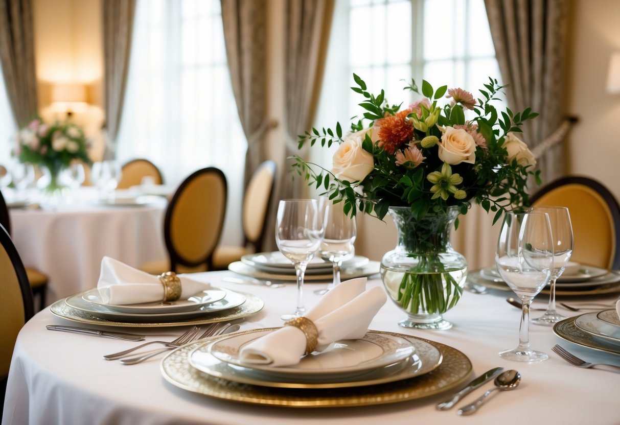 A beautifully set dining table with elegant dinnerware and a vase of fresh flowers