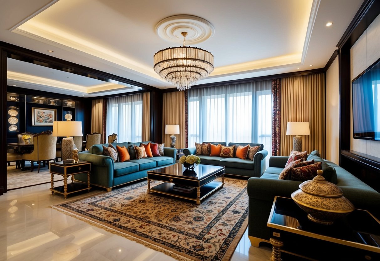 A luxurious living room with a blend of modern Western and traditional ethnic decor, featuring elegant furniture and rich textiles
