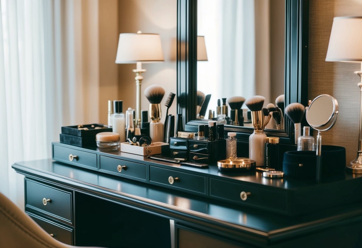 A well-organized dressing table with elegant grooming tools and accessories