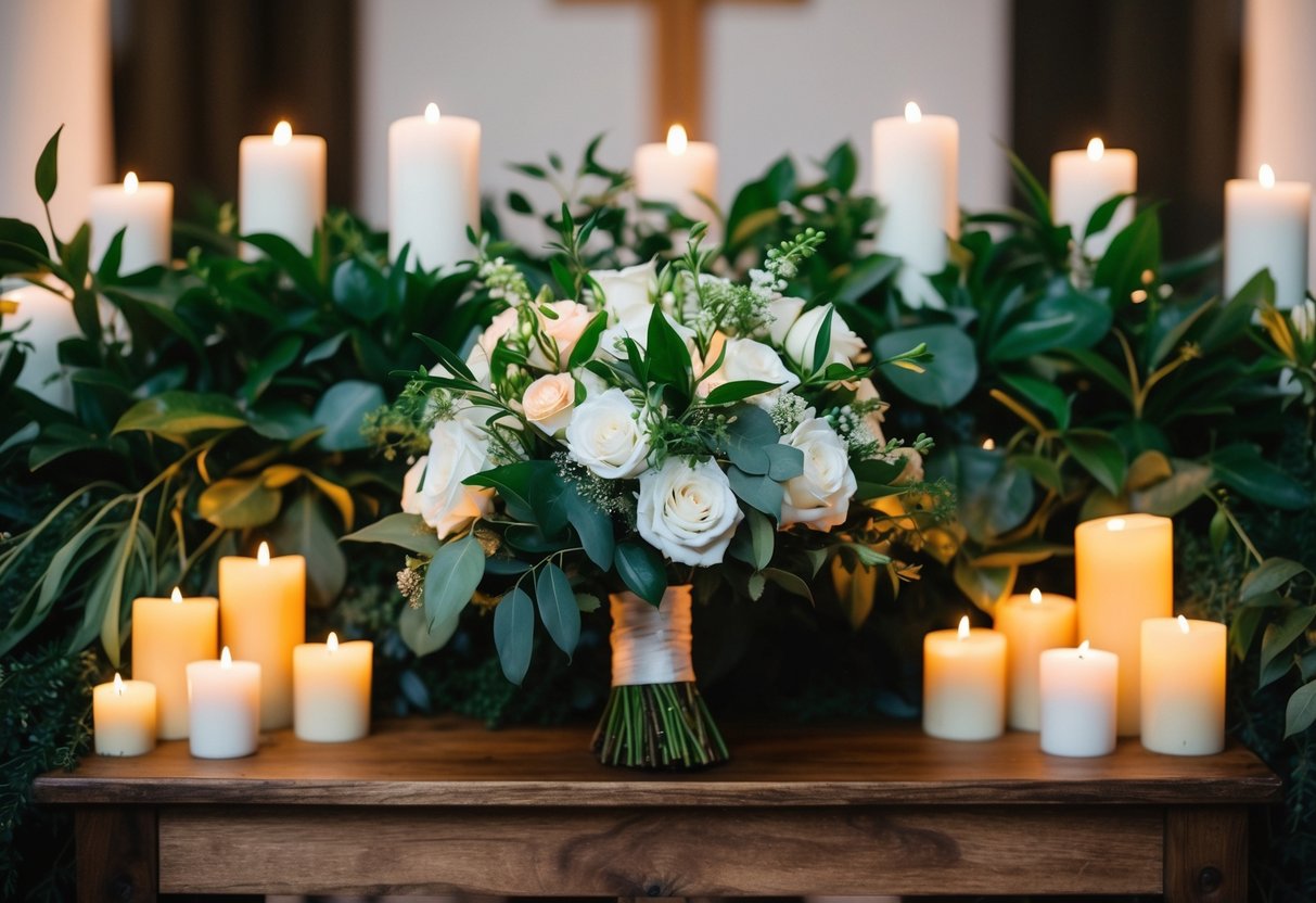 A bouquet rests on a wooden altar amidst flickering candles and lush greenery