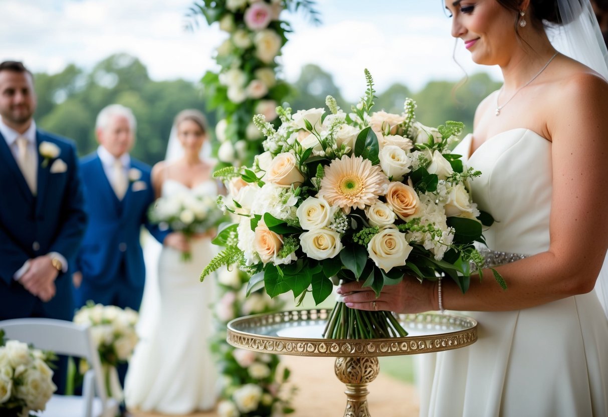 A bouquet of flowers resting on a decorative stand, positioned near the bride during the ceremony