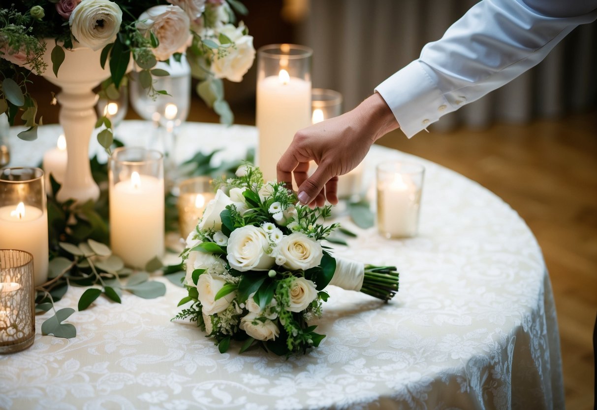 A hand reaches out to take the bride's bouquet from a decorative table, surrounded by elegant floral arrangements and soft candlelight