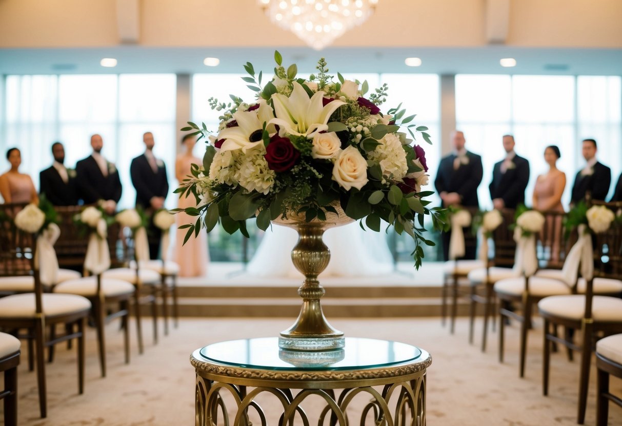 A bouquet rests on a decorative stand at the front of the ceremony space