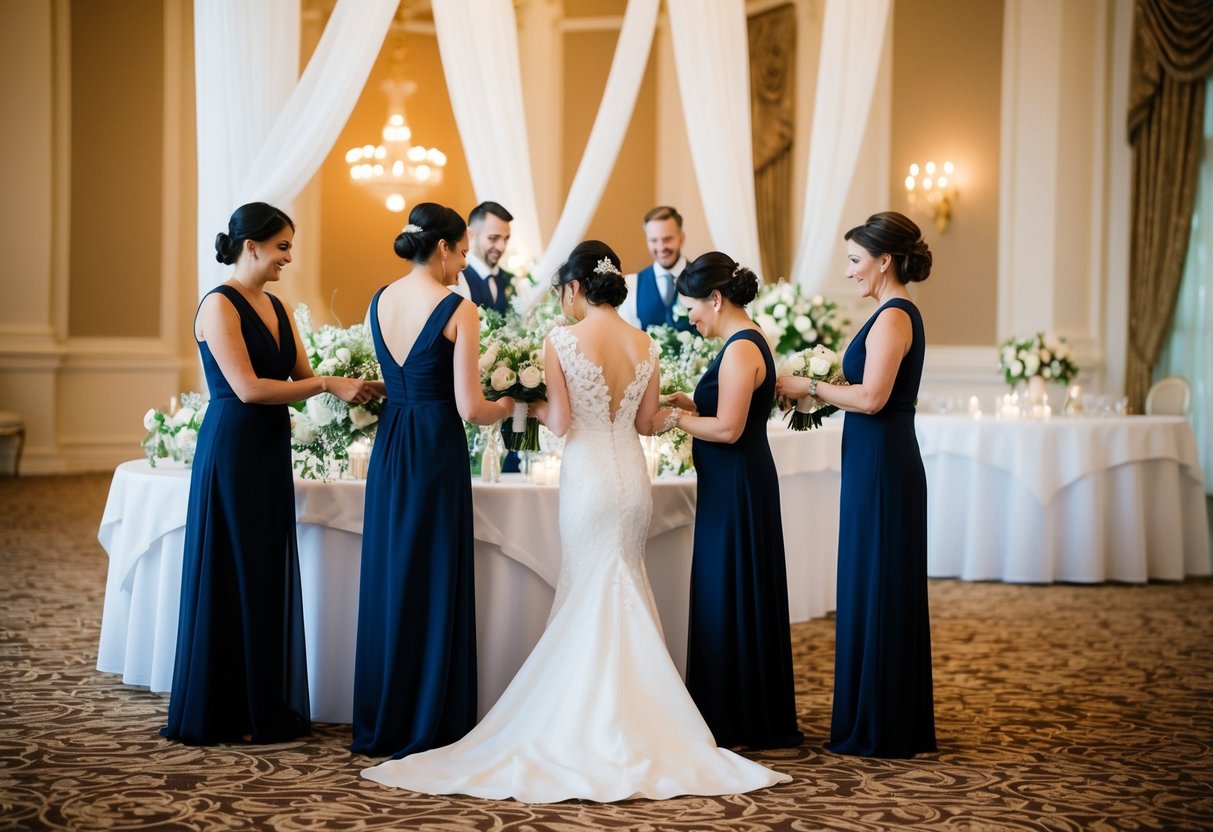 A team of wedding decorators arranging flowers and draping fabric in a grand ballroom