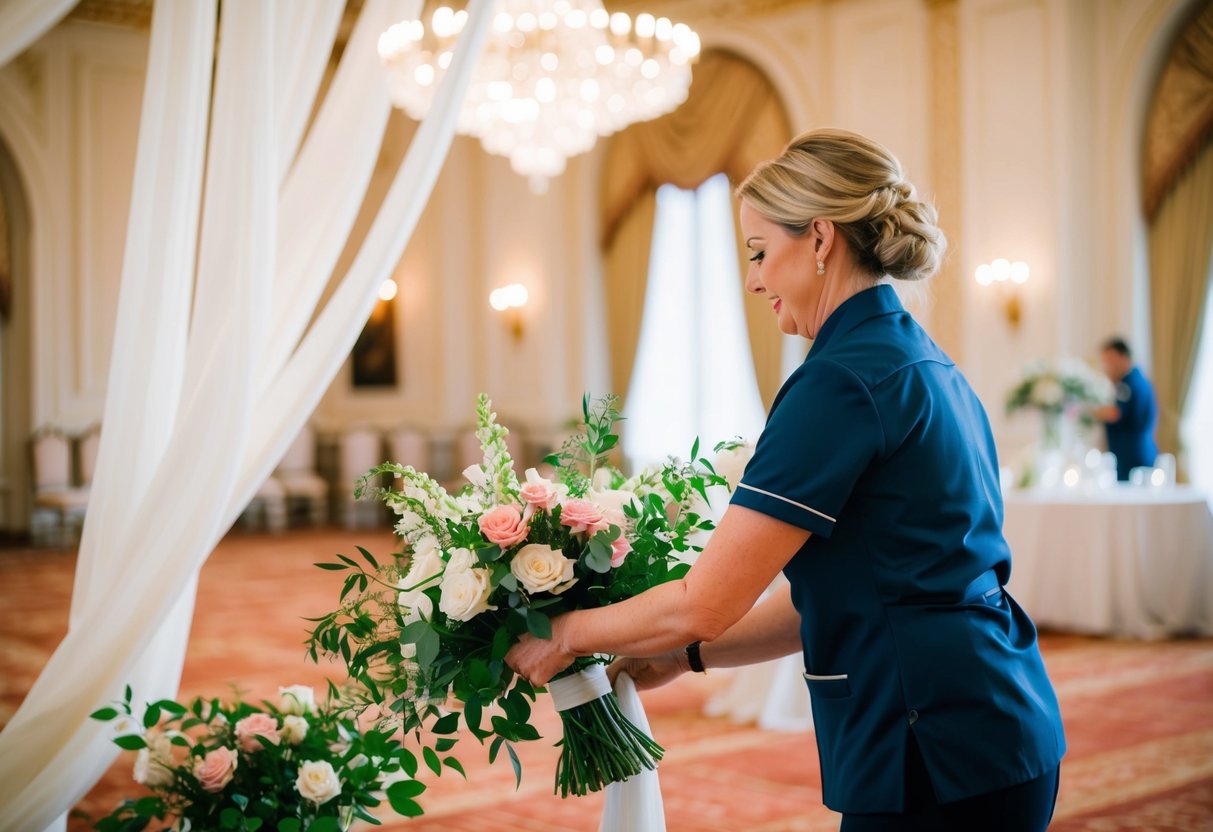 A wedding decorator arranging flowers and draping fabric in a grand ballroom