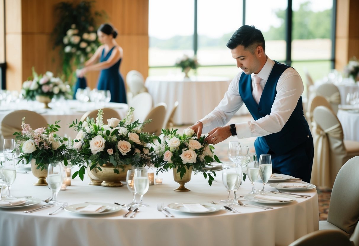 A wedding decorator arranging floral centerpieces on reception tables