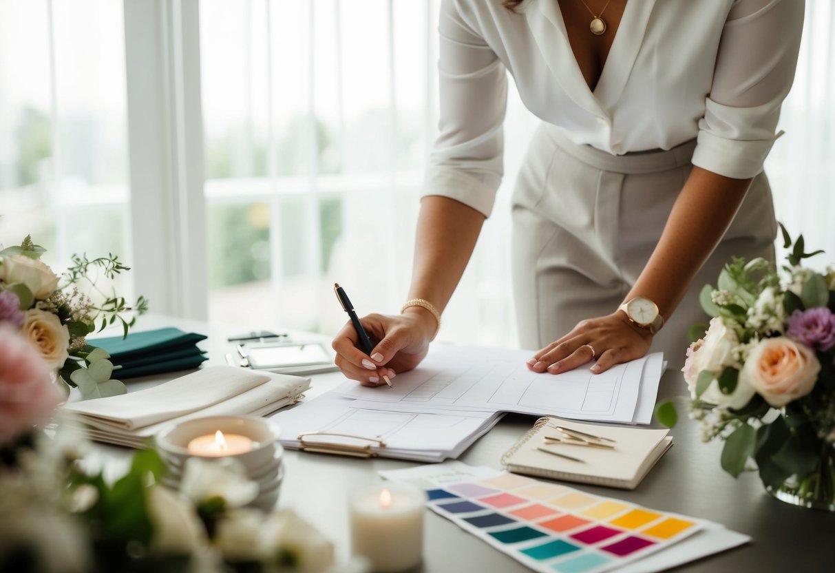 A wedding decorator sketching designs and budgeting on a table with fabric swatches, floral arrangements, and color palettes