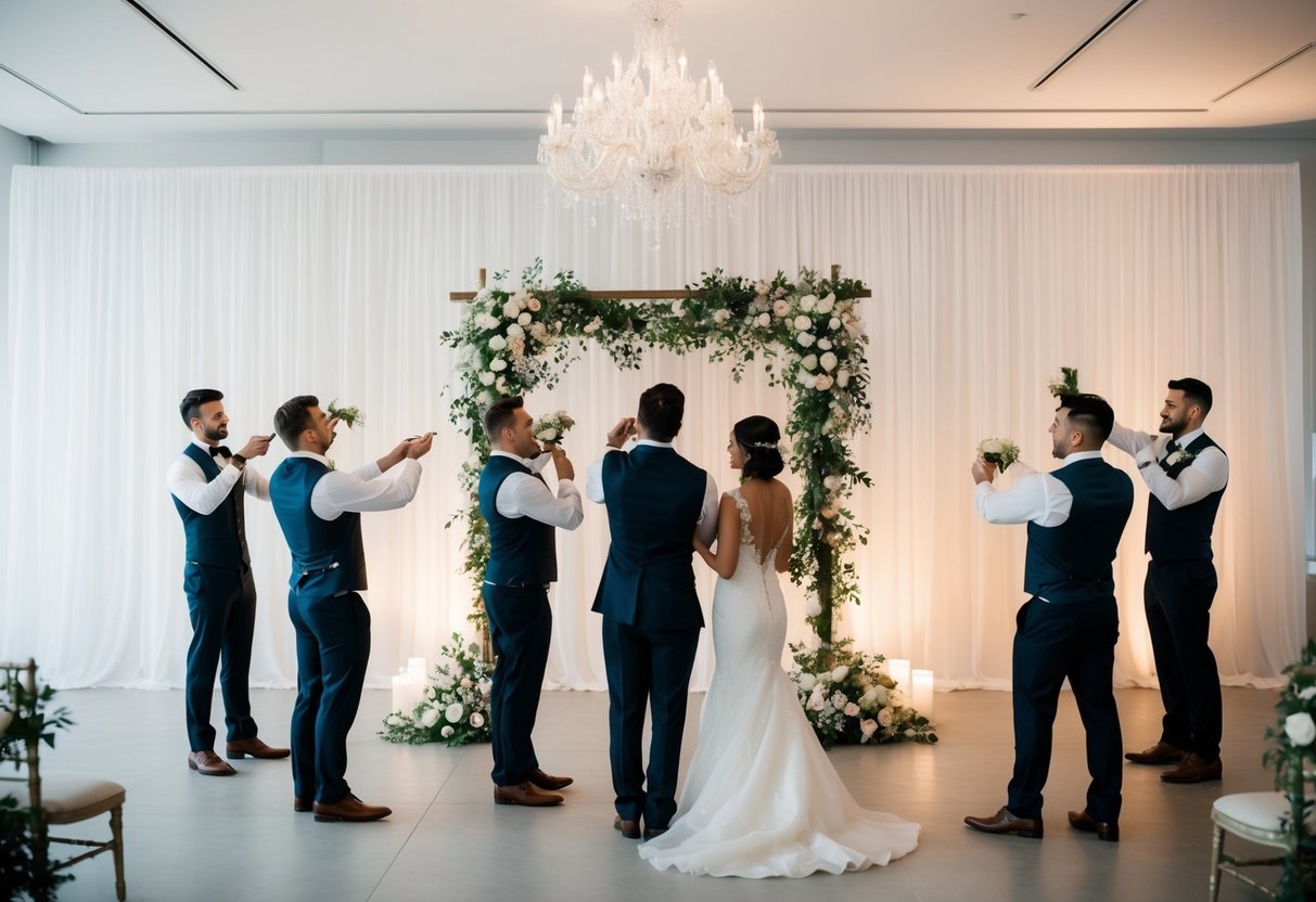 A team of wedding decorators transform a blank space into a romantic and elegant setting with flowers, drapery, and lighting