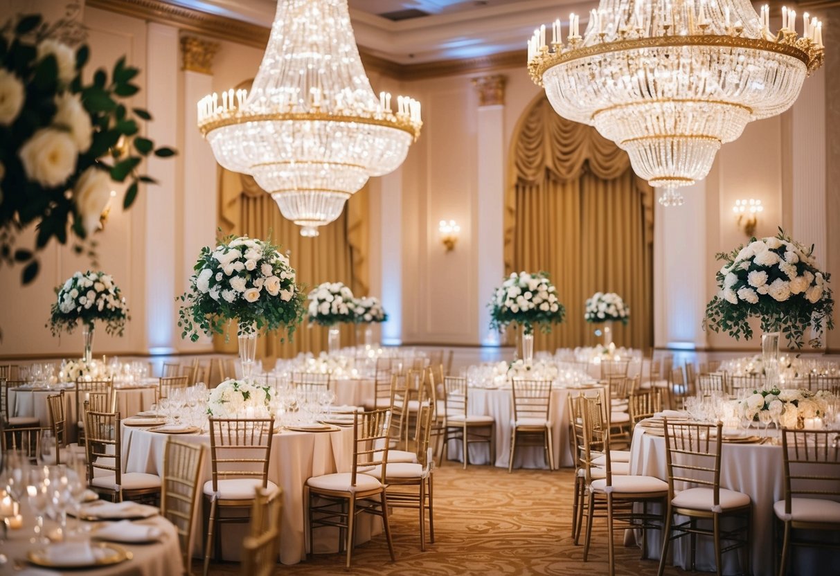 A grand ballroom with crystal chandeliers, gold accents, and lavish floral arrangements