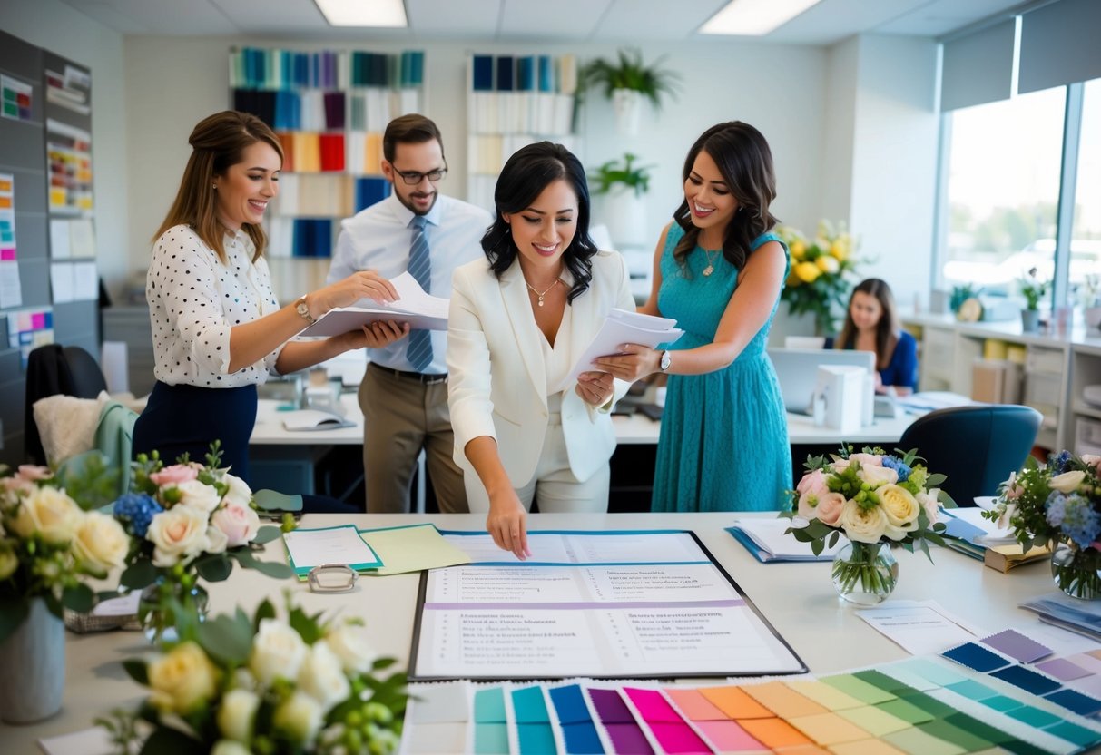 A wedding planner arranging seating charts, floral arrangements, and coordinating with vendors in a bustling office filled with color swatches and fabric samples