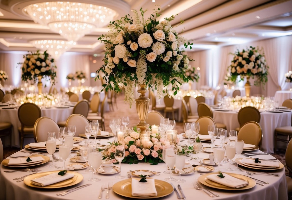 A lavish wedding reception with opulent decor, extravagant floral arrangements, and elegant table settings