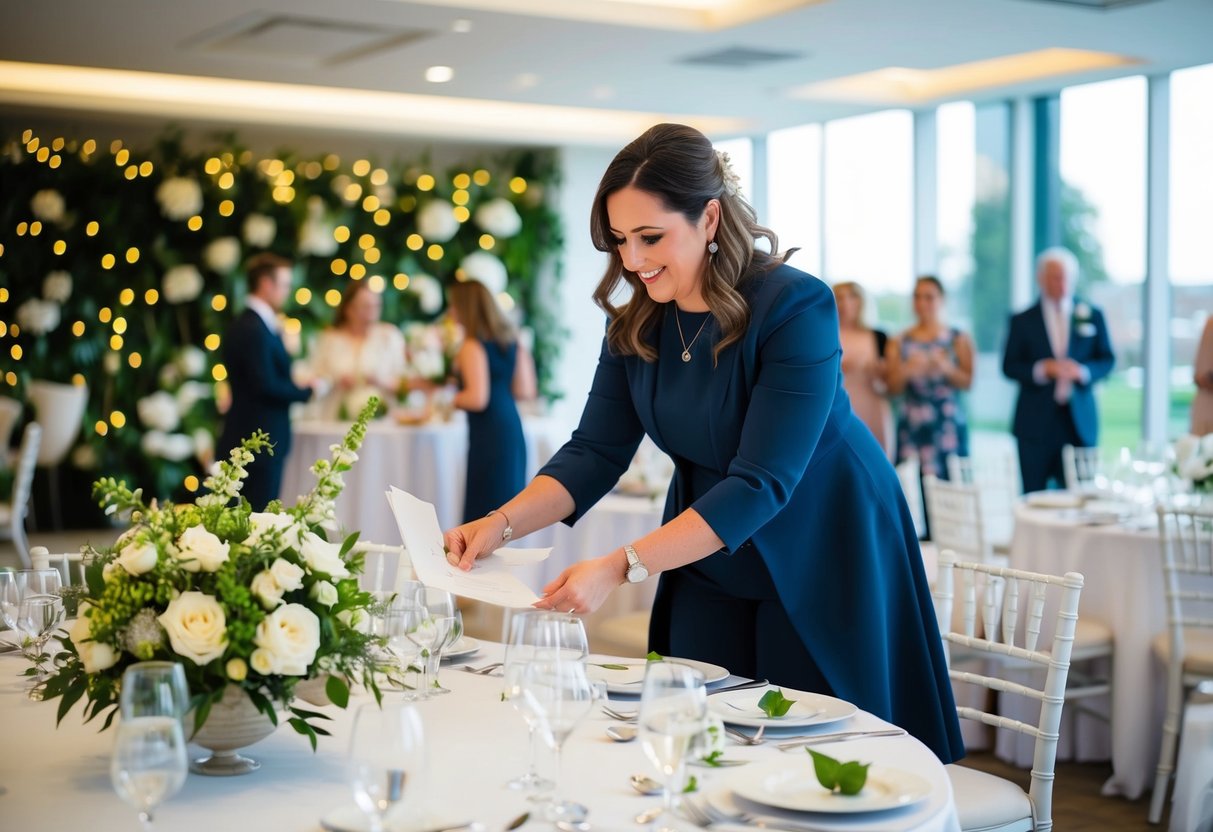 A wedding planner organizing a venue, decorations, and seating arrangements for a UK wedding