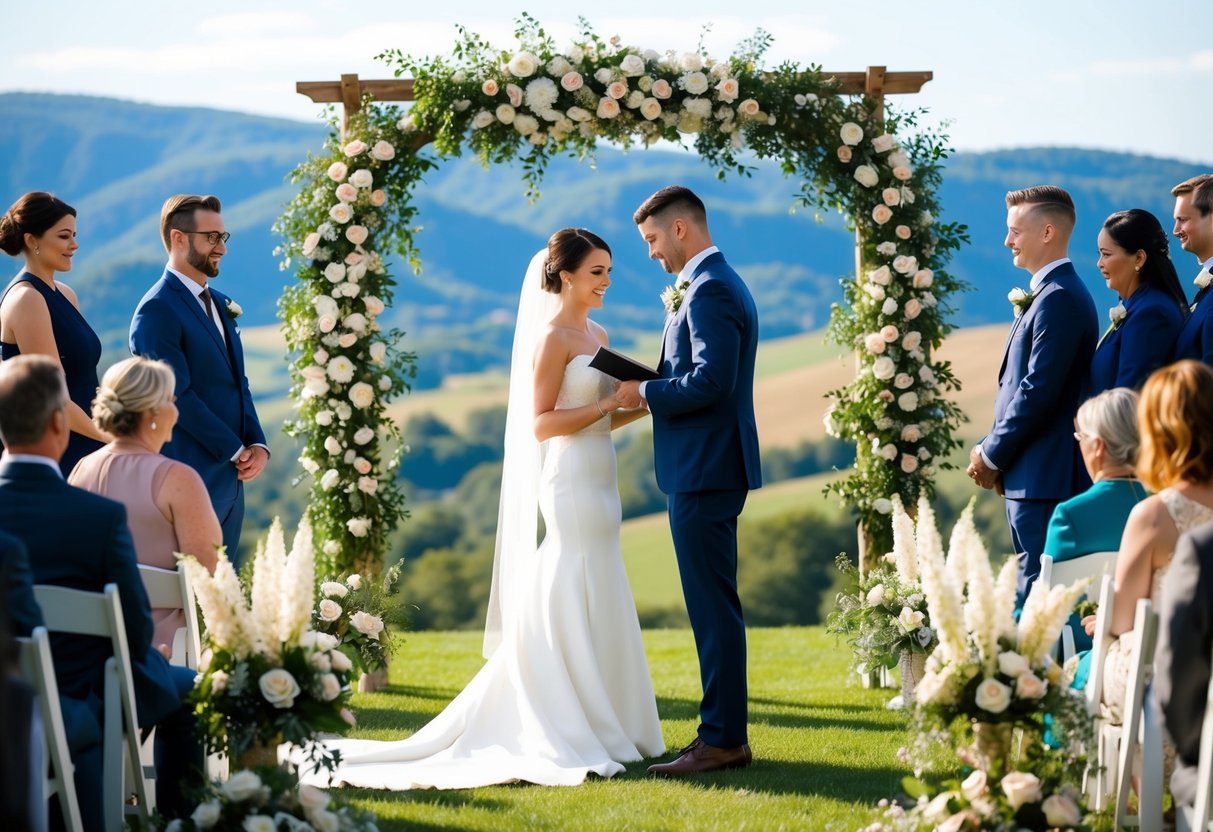 A wedding planner coordinating a beautiful outdoor ceremony with elegant floral arrangements and a stunning backdrop of rolling hills and a clear blue sky