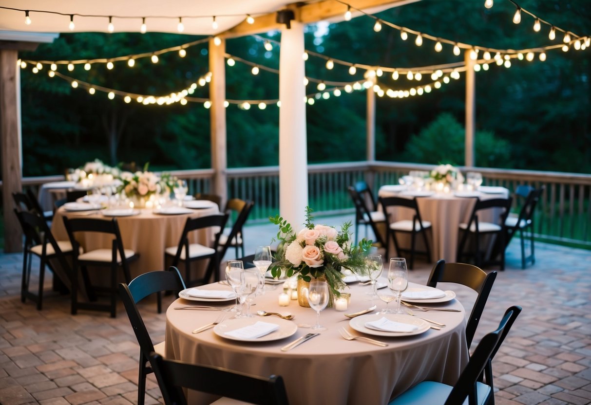 A small wedding reception with simple floral centerpieces, twinkling string lights, and elegant table settings on a cozy outdoor patio