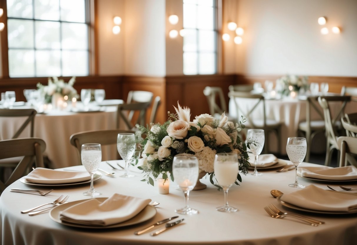 A cozy, intimate space with soft lighting and delicate floral arrangements. Tables adorned with elegant linens and minimalist centerpieces