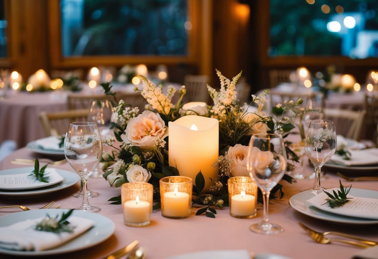 A cozy, intimate setting with soft candlelight, delicate floral arrangements, and elegant table settings, creating a warm and inviting ambiance for a small wedding reception