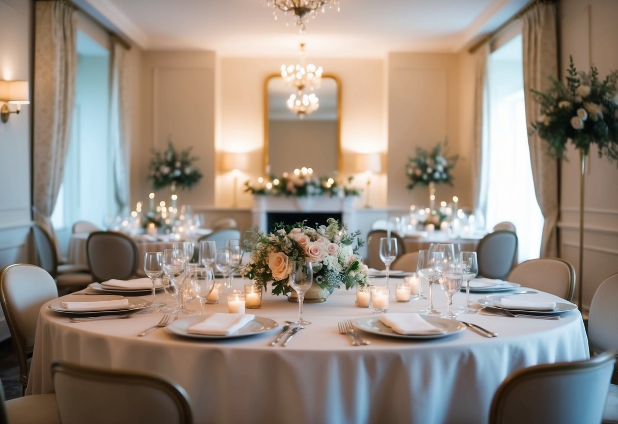 A cozy, intimate wedding reception set in a small, elegant space with soft lighting, delicate floral arrangements, and subtle, tasteful decor