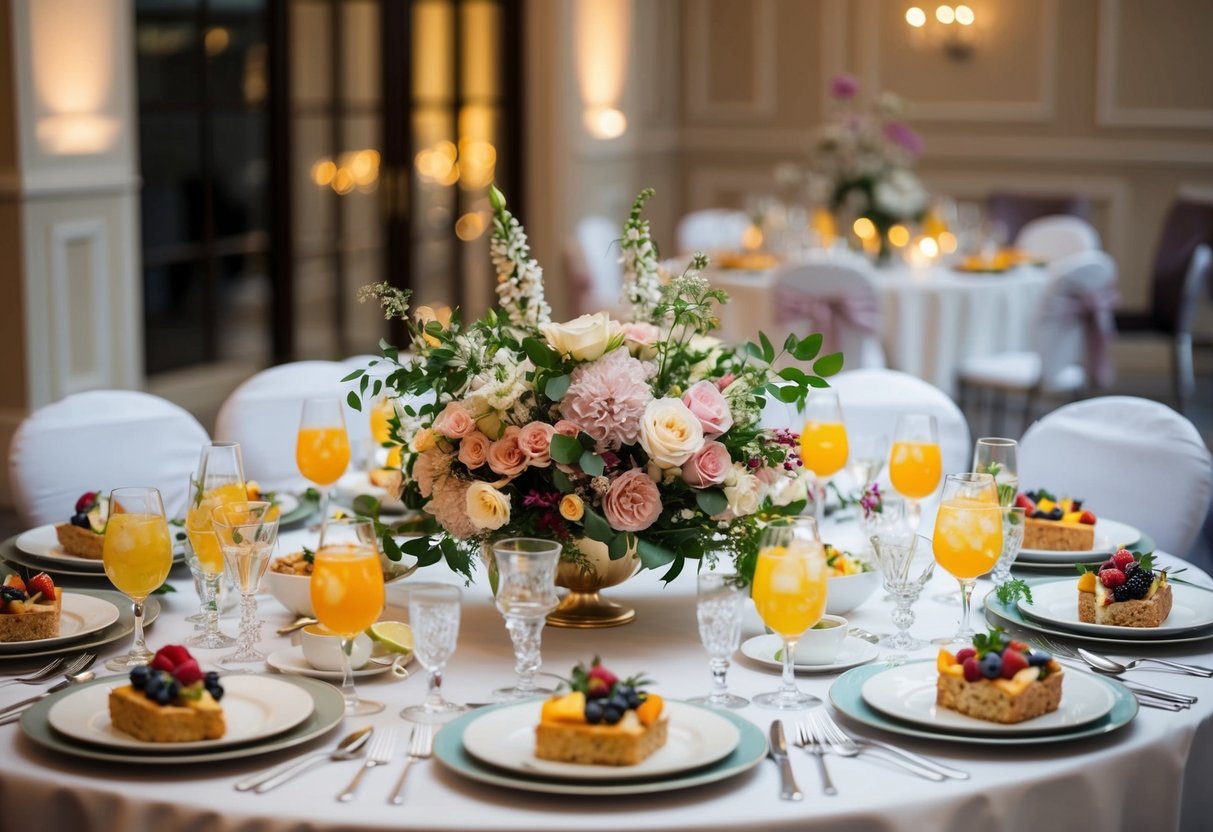 A beautifully decorated table with elegant place settings, floral centerpieces, and a variety of delicious food and drinks displayed on the table