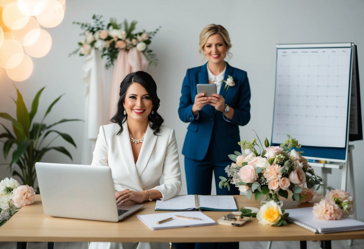 A wedding planner sits at a desk with a laptop and a calendar, while a wedding decorator stands surrounded by flowers, fabric swatches, and design sketches