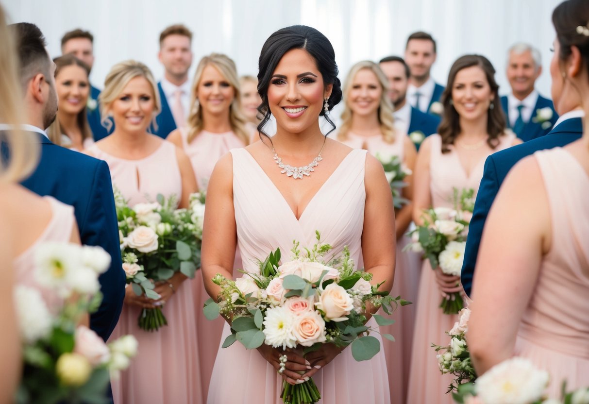 A wedding coordinator in a soft pink dress, surrounded by flowers and coordinating with the overall color scheme of the event