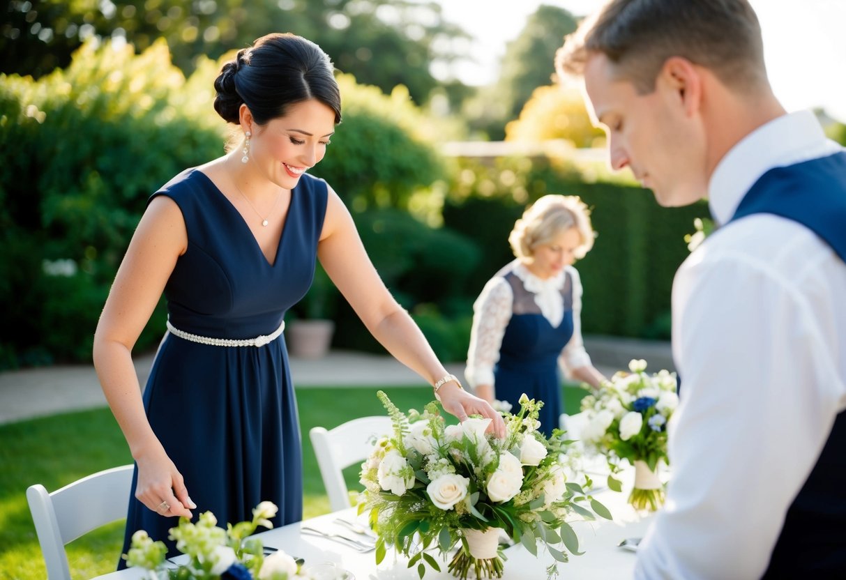 A wedding coordinator in a navy blue dress, organizing flowers and seating arrangements in a sunlit garden