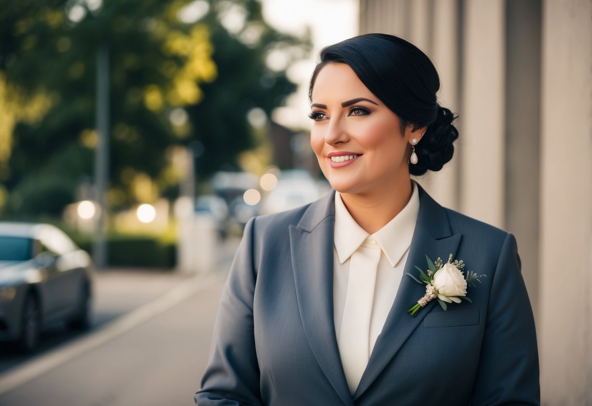 A professional wedding coordinator wearing a neutral-colored outfit, such as a navy blue or charcoal gray suit, with a coordinating blouse or dress shirt