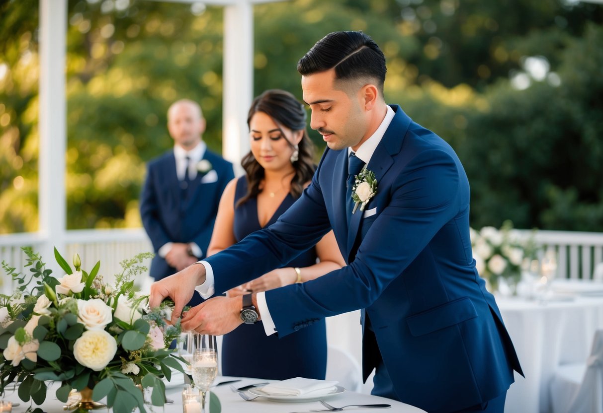 A wedding coordinator in a sleek navy blue suit, adjusting a floral centerpiece on a table