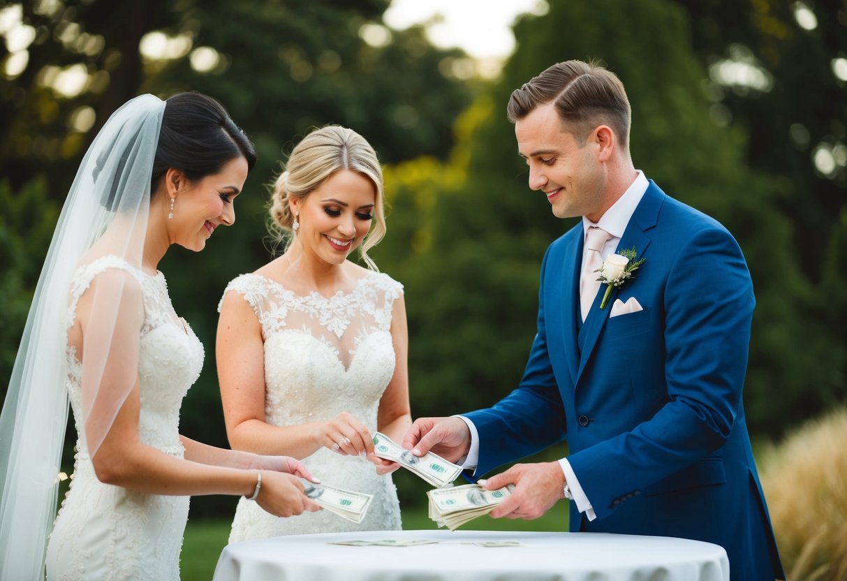 A bride and groom placing money in envelopes on a table for wedding staff