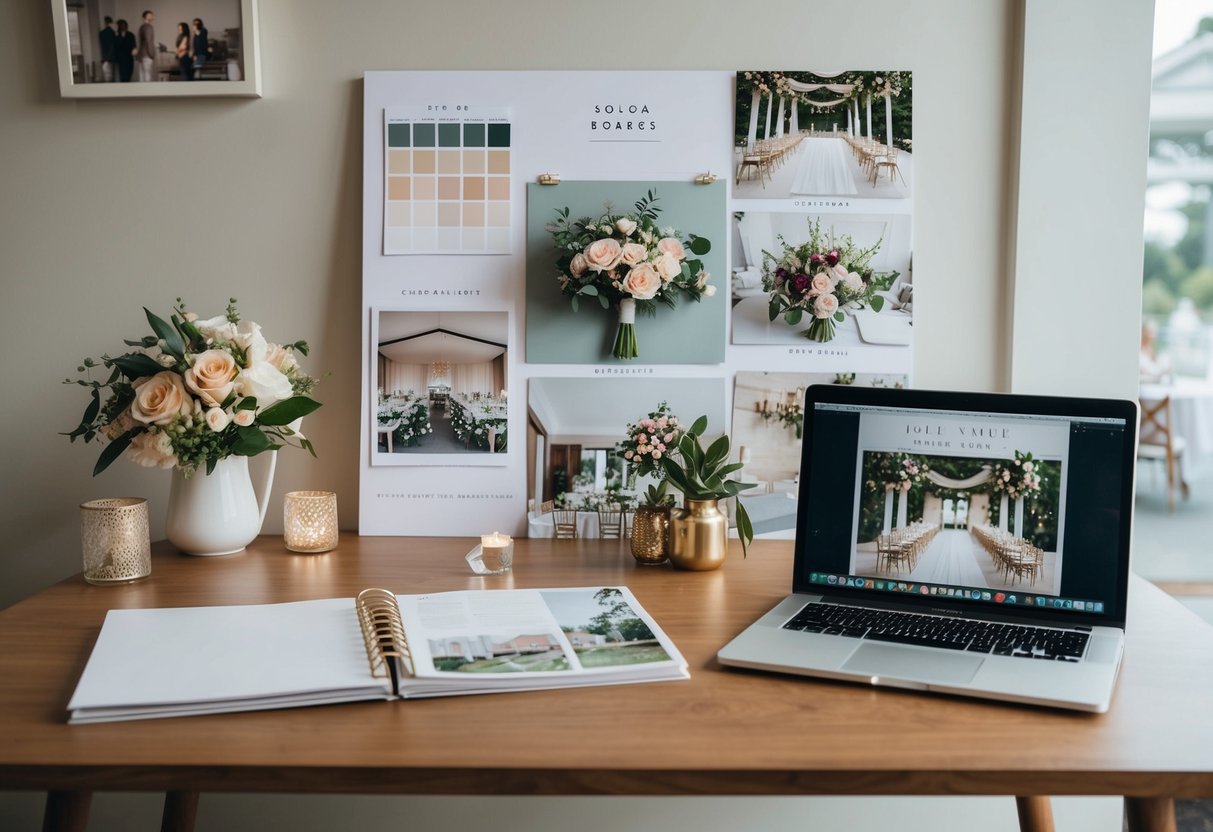 A desk with a laptop, planner, and wedding magazines. A mood board with color swatches, floral arrangements, and venue options