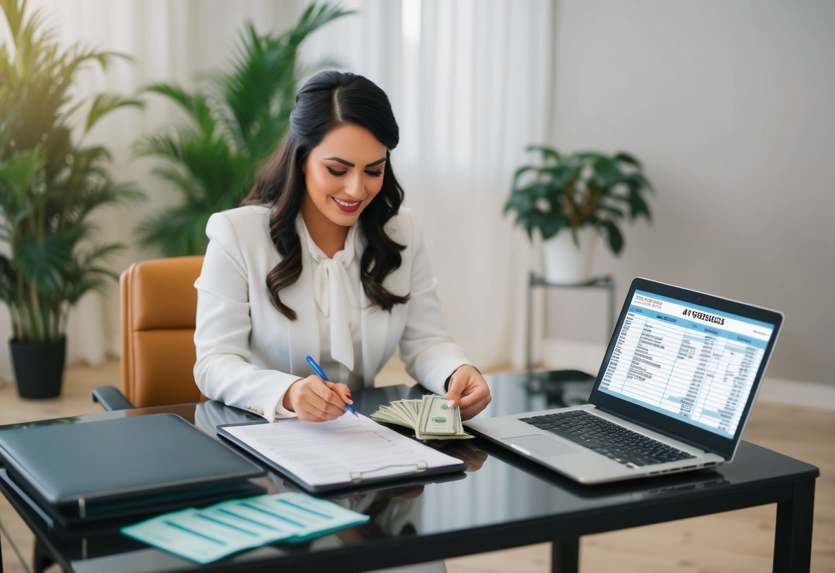 A wedding planner sits at a desk, counting money and writing in a ledger, with a laptop open to a spreadsheet of expenses