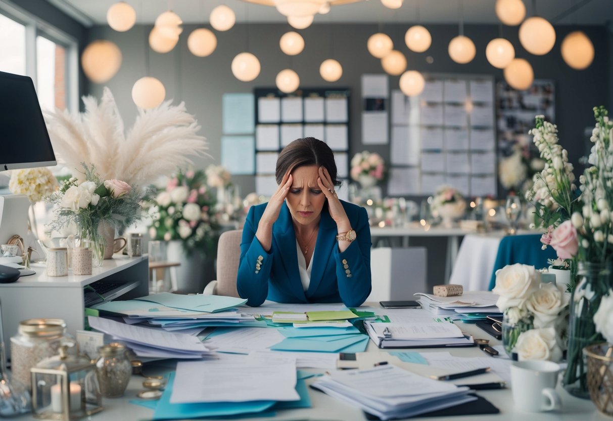 A cluttered desk with scattered papers and a stressed planner surrounded by a chaotic array of wedding decor and schedules