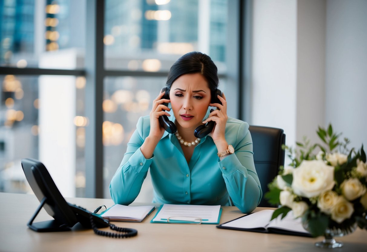 A stressed wedding planner juggling multiple phone calls and emails while trying to coordinate conflicting schedules and preferences