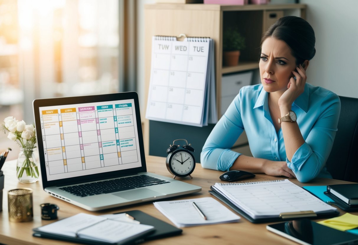 A cluttered desk with a calendar filled with overlapping events, a laptop displaying a busy schedule, and a stressed wedding planner looking at the clock