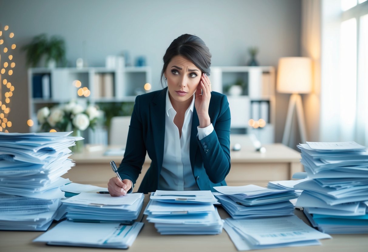 A wedding planner surrounded by piles of paperwork and invoices, with a worried expression as they calculate expenses