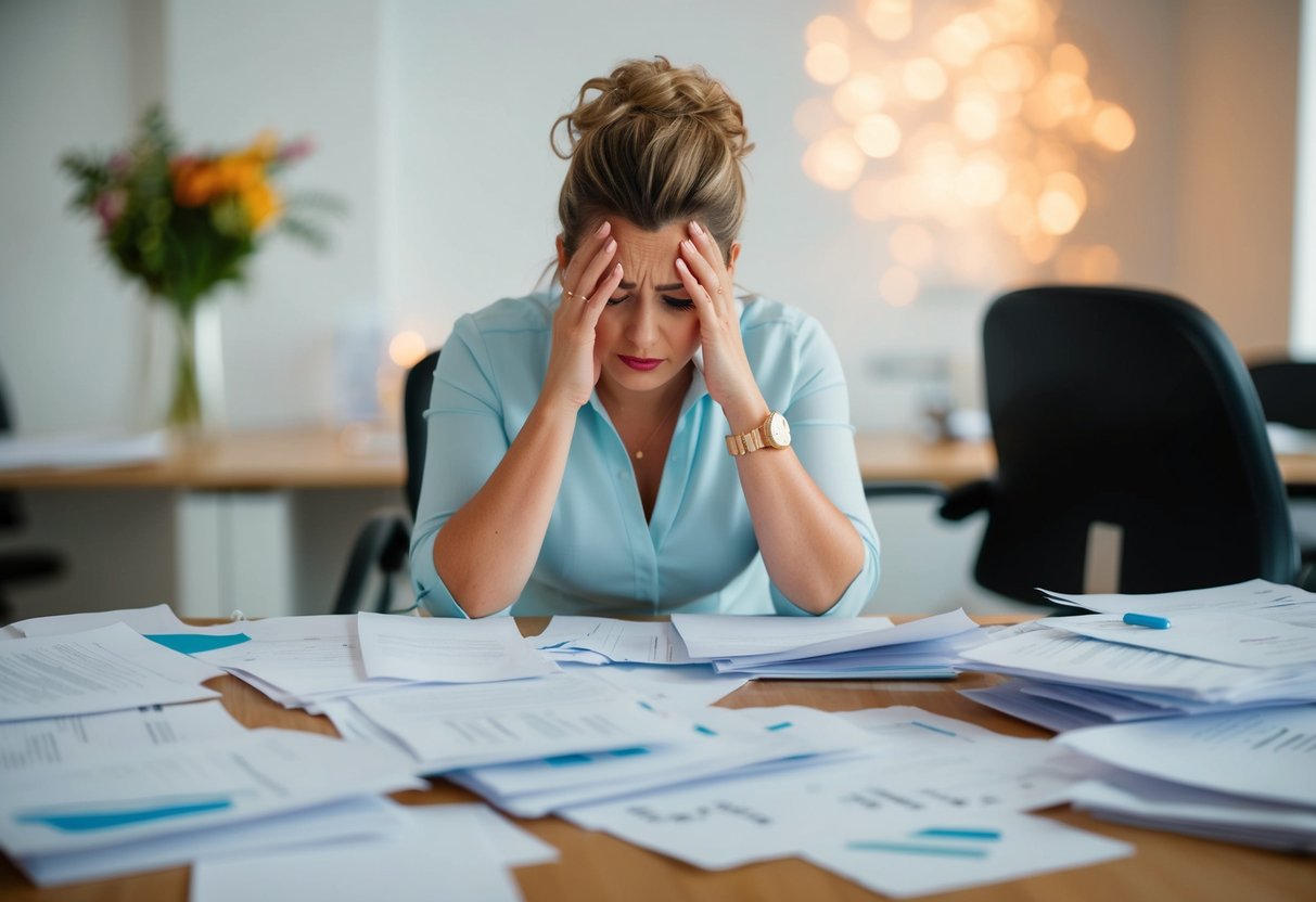 A stressed wedding planner surrounded by scattered papers and a looming deadline
