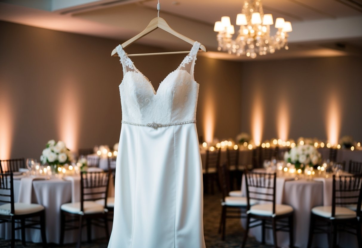 The bride's wedding dress hangs elegantly on a hanger, awaiting the reception. Tables are adorned with floral centerpieces and soft candlelight fills the room