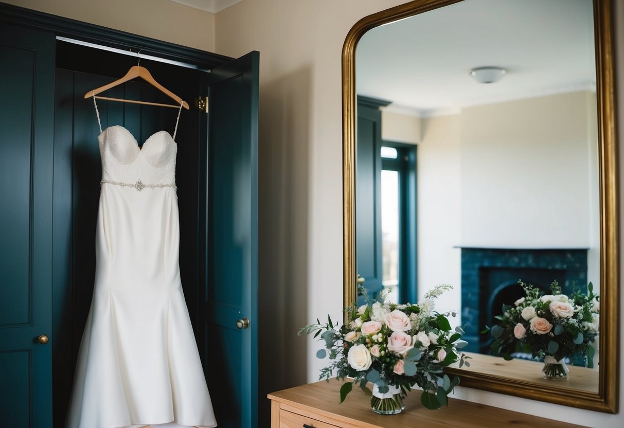 A room with a wedding dress hanging on a hanger, a bouquet of flowers, and a mirror with a reflection of the empty space
