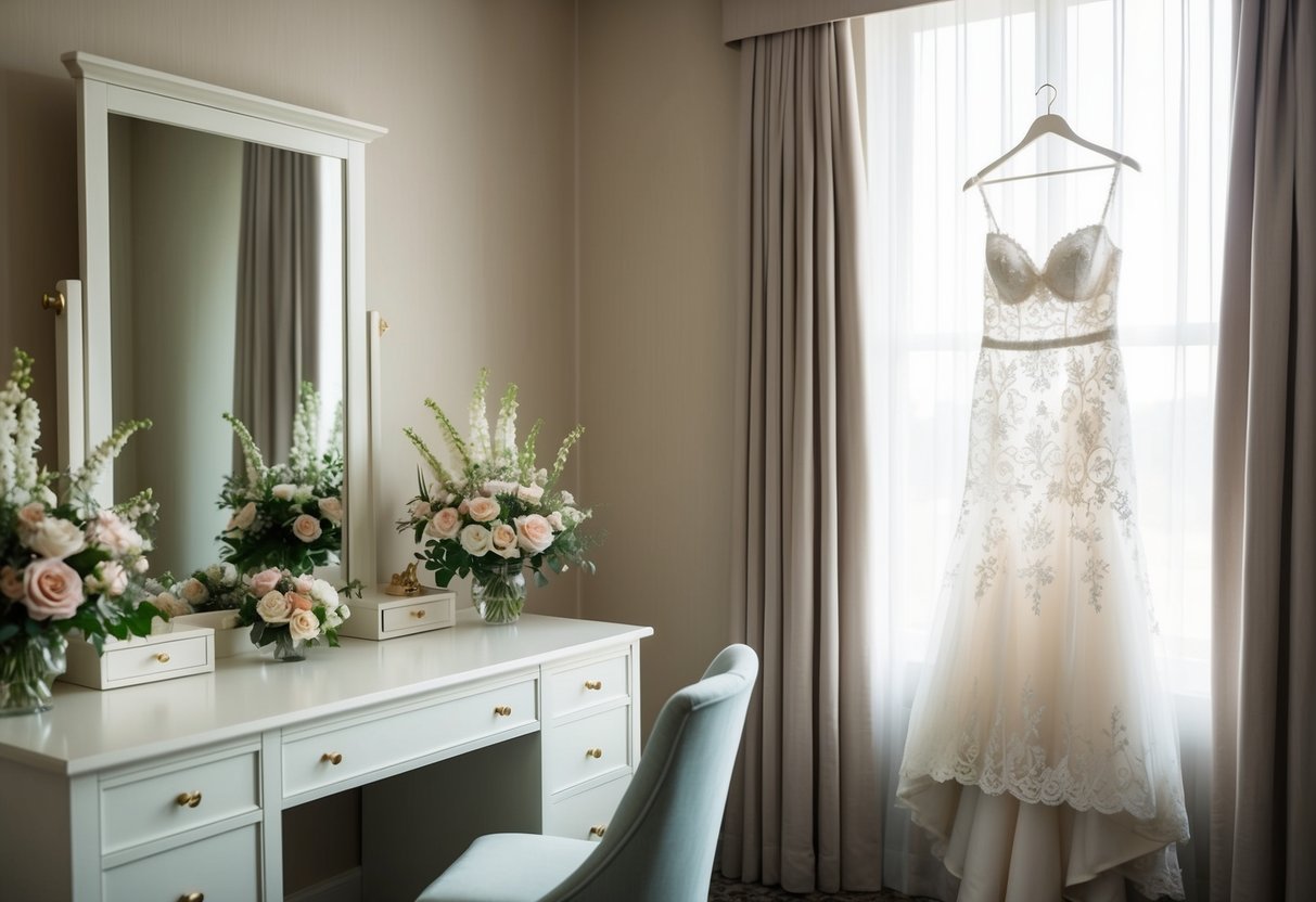 A serene bridal suite with soft morning light, a vanity adorned with flowers, and a delicate lace wedding gown hanging nearby