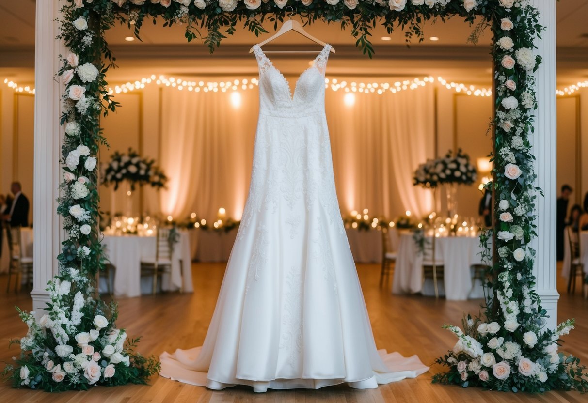 The elegant wedding dress hangs on a hanger in a beautifully decorated reception hall, surrounded by twinkling lights and floral arrangements