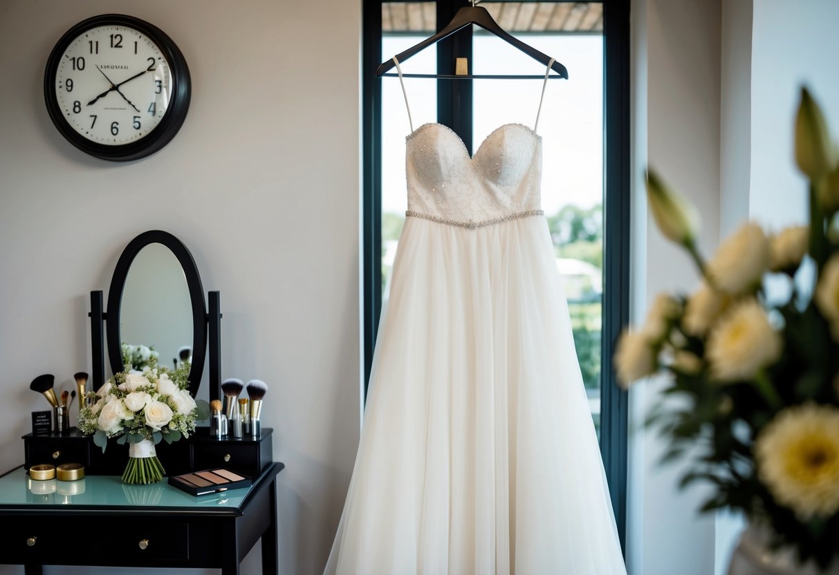 A bridal gown hangs on a hanger, surrounded by a mirror, makeup, and a bouquet of flowers on a table. A clock on the wall shows the time