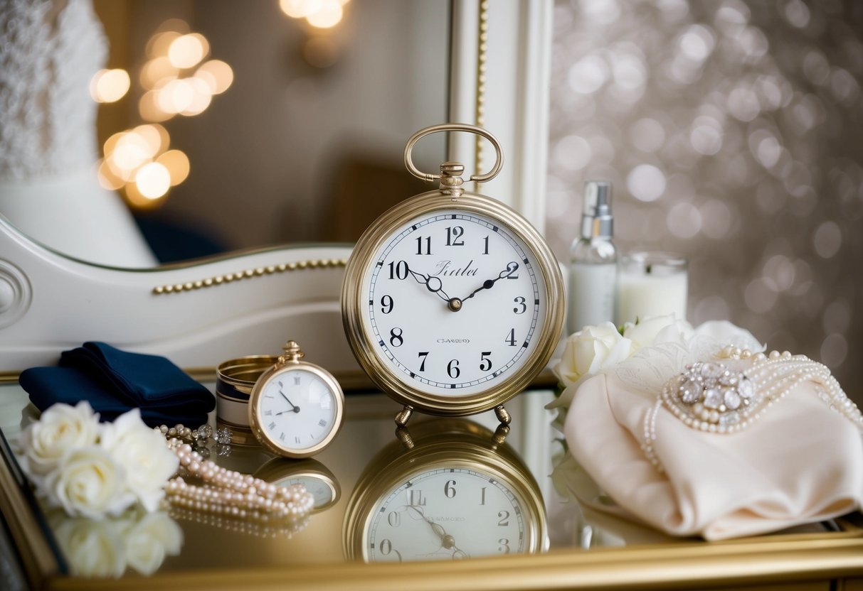 Bride's accessories laid out on a vanity, clock showing the time for her to be ready before the wedding ceremony