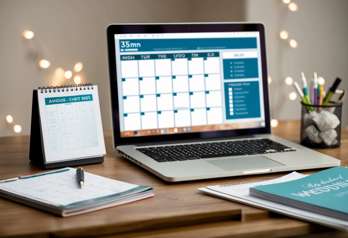 A desk with a laptop, calendar, checklist, and wedding magazines