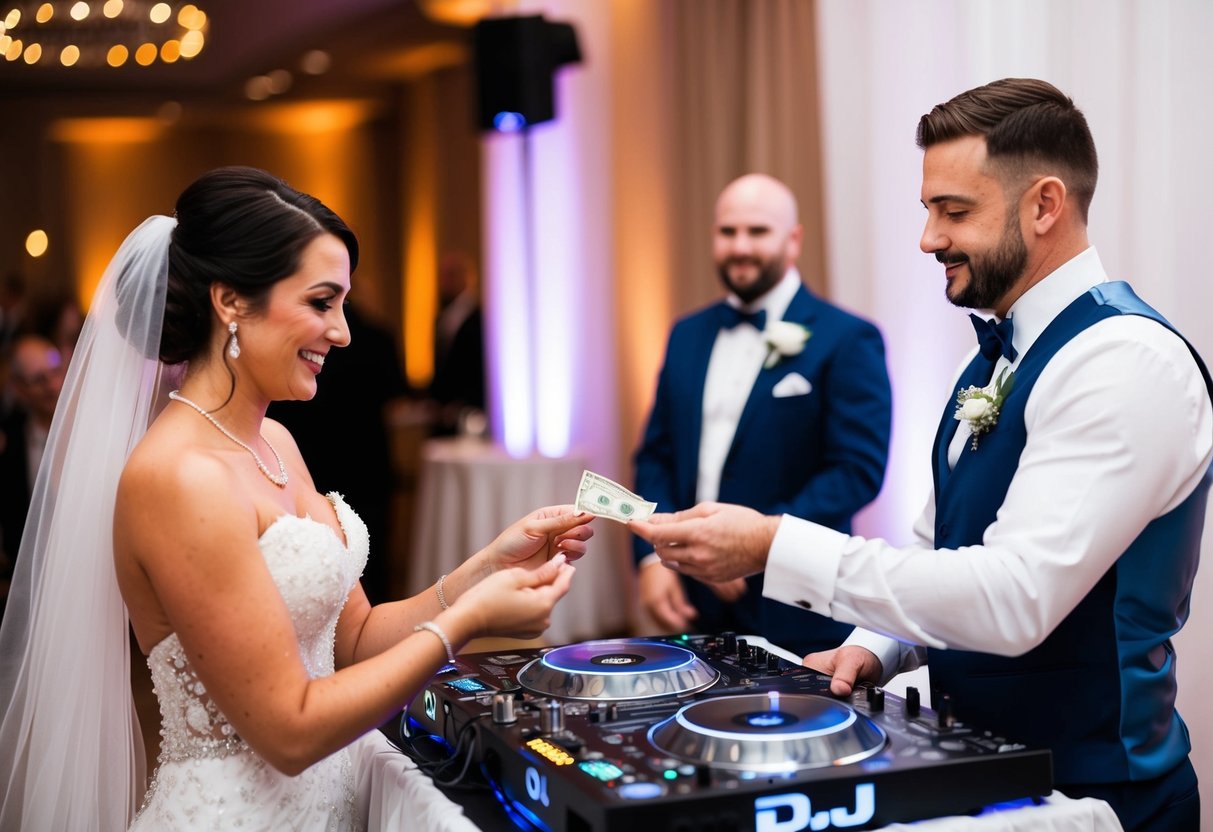 A bride and groom placing cash in an envelope next to a DJ booth at a wedding reception