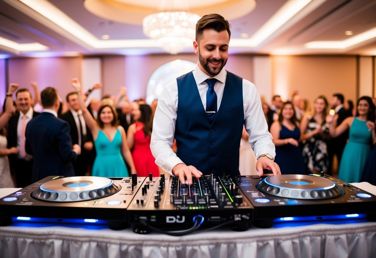 A wedding DJ standing behind a booth with a crowd dancing and enjoying the music